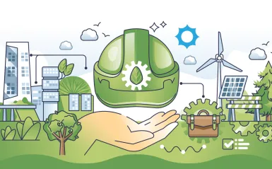 trees, a green helmet, a windmill, and green buildings