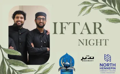 a photo flyer for the NHCC Salam Club event Iftar Night 2025. Two male guest speakers are pictured, smiling, side by side with the Salam Club logo and the NHCC logo. 