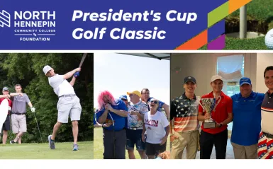 This is a decorative flyer that has golf photos and the NHCC Foundation logo on it. The text reads, President's Cup Golf Classic. 