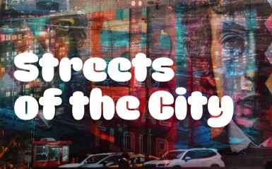 the words streets of the city on a busy background