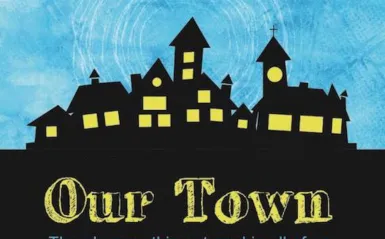 Illustration in silhouette of a small town set on a hill against a blue sky.