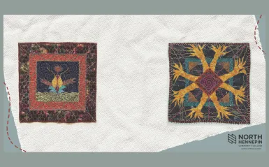 this is a photo of two art quilt patches designed and created by former NHCC faculty, Jane Bassuk. 