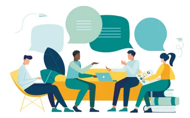 this is an illustration of a group of students sitting and studying together at a table. 