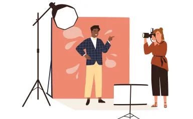 this is an illustrated graphic of someone getting a headshot photo taken. 