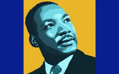 this is a popart colored photo of Dr. Martin Luther King Jr looking up to the right corner. His skin is light blue, the photo background is yellow and the border of the photo is NHCC blue. 