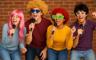 this is a stock photo of four people singing and wearing wigs, sunglasses and holding props. 