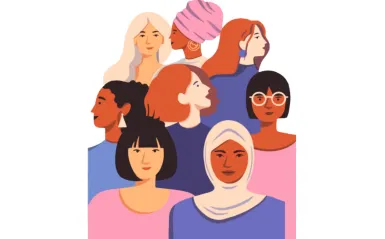 this is an illustration of women of many different backgrounds, facing in different directions, for the use of promoting our upcoming International Women's Day event in March. 