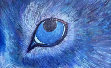 this is a blue and light purple painting of a wolf eye done by NHCC student, Katelyn Poncin. 