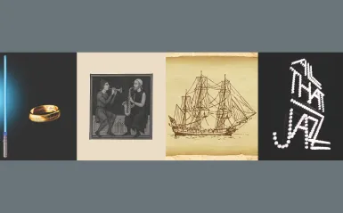 this is a collaborative design, promoting the four upcoming music concerts with their various themes. A lightsaber and fantasy, men playing a saxophone, an illustrated ship and the words, All That Jazz.