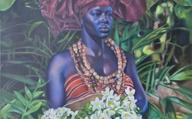 A colorful painting of a Black woman standing amid lush green tropical foliage. She wears a large burgundy headwrap, layered beaded necklaces, and a red-and-white striped dress. She holds a large bowl filled with white flowers, with additional flowers and greenery surrounding her.