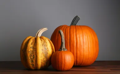 this is a photo of three differently sized orange pumpkins next to each other on a table. 
