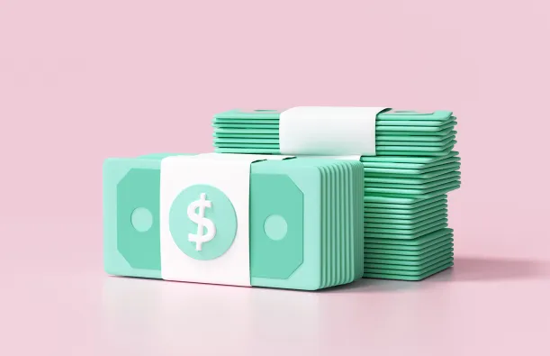 stack of money with a pink background 