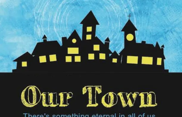 Illustration in silhouette of a small town set on a hill against a blue sky.