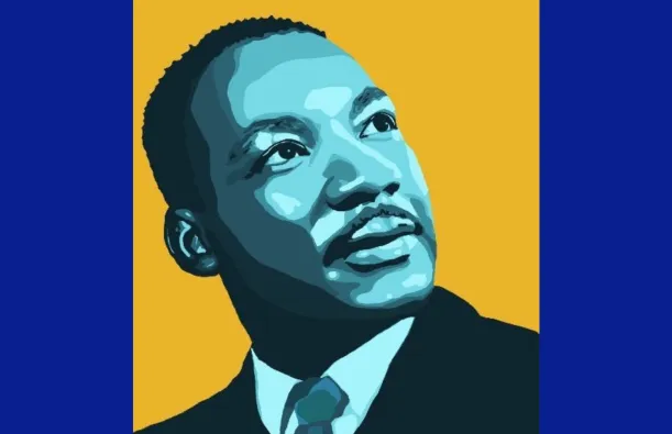 this is a popart colored photo of Dr. Martin Luther King Jr looking up to the right corner. His skin is light blue, the photo background is yellow and the border of the photo is NHCC blue. 