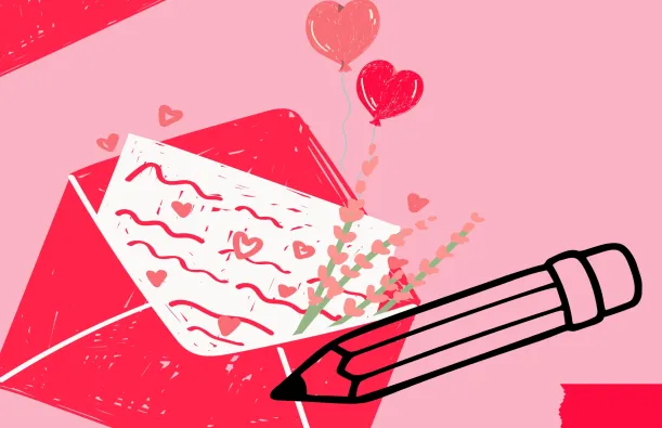 this is a red and pink graphic of a letter with an envelope, hearts and a black pencil. 