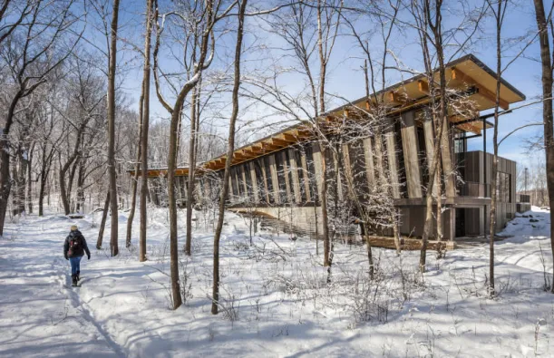 this is a photo of the Eastman Nature Center exterior taken during winter with snow on the ground. Photo credit from Minneapolis Northwest Tourism. 