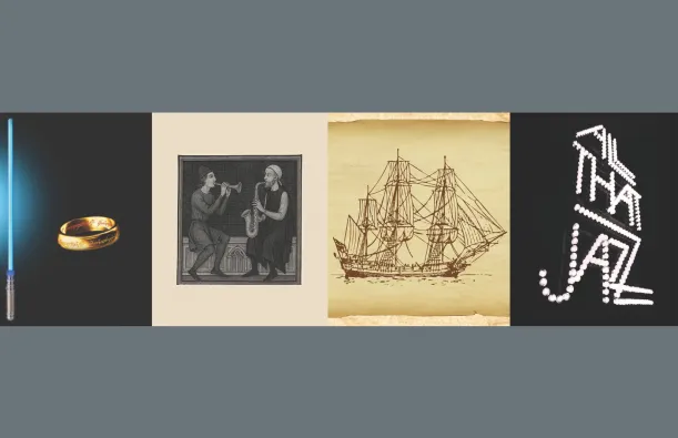 this is a collaborative design, promoting the four upcoming music concerts with their various themes. A lightsaber and fantasy, men playing a saxophone, an illustrated ship and the words, All That Jazz.