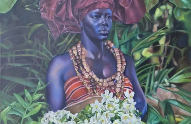 A colorful painting of a Black woman standing amid lush green tropical foliage. She wears a large burgundy headwrap, layered beaded necklaces, and a red-and-white striped dress. She holds a large bowl filled with white flowers, with additional flowers and greenery surrounding her.
