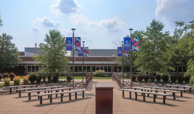 NHCC campus courtyard on a sunny day