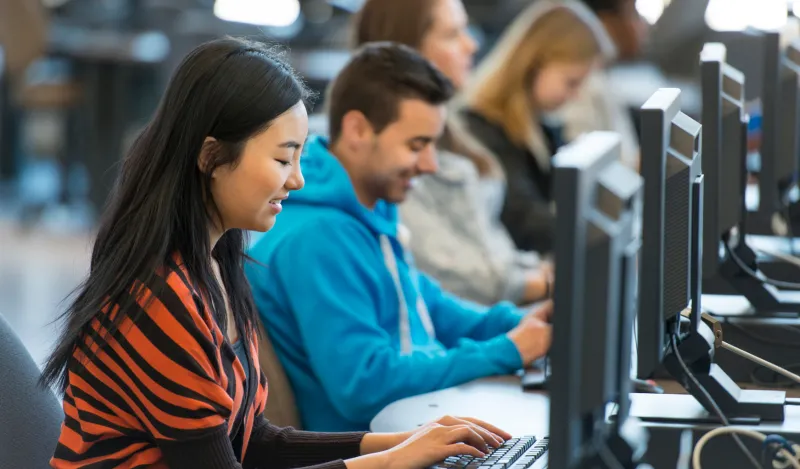 photo of students near a computer