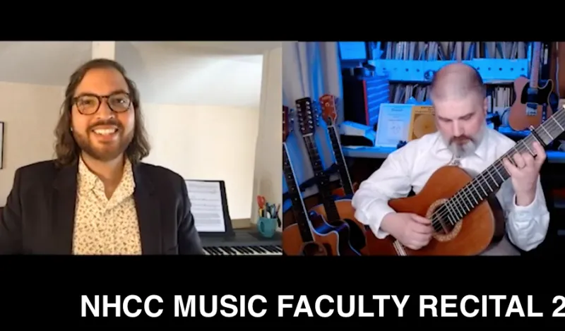 2 NHCC faculty members, one smiling at the camera, the other playing a guitar