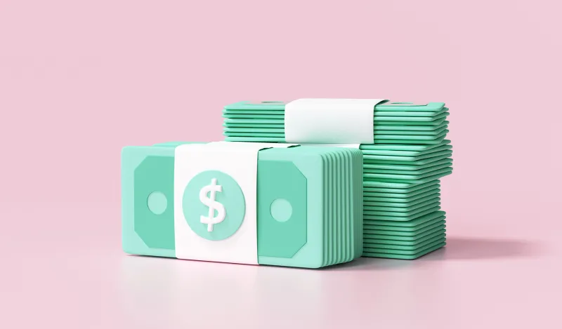 stack of money with a pink background 