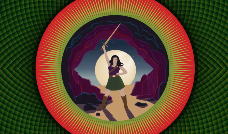 a graphic of a woman holding a sword 
