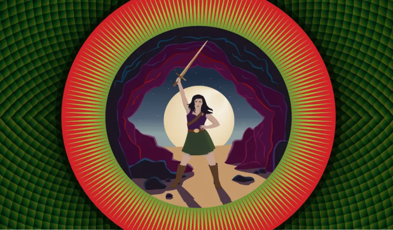 a graphic of a woman holding a sword