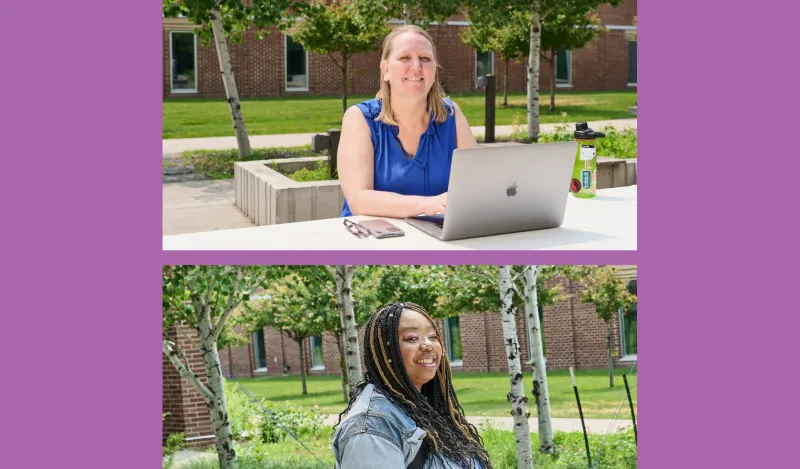 two female, adult students, smiling outside in a grassy courtyard