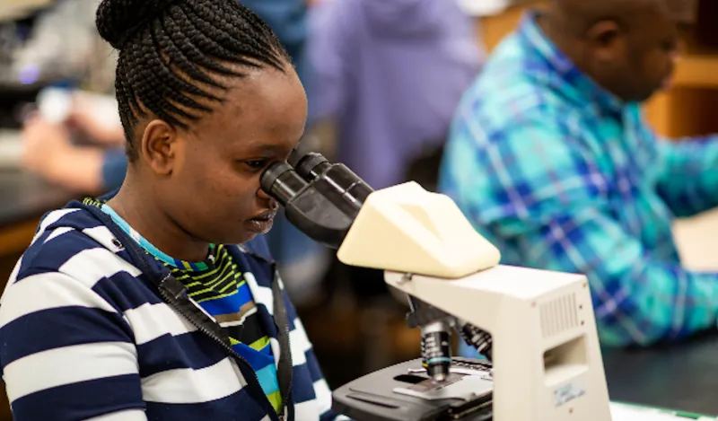 a photo of a student looking through a microscope