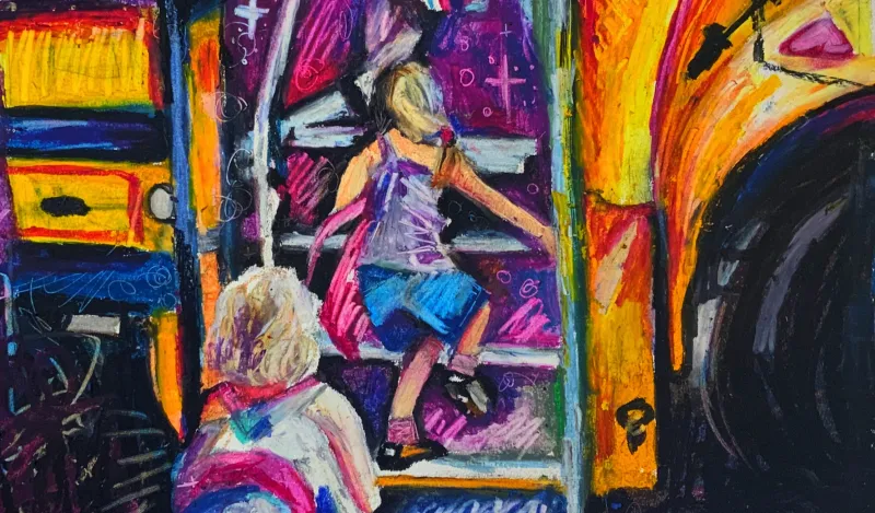 colorful painting of child getting on school bus