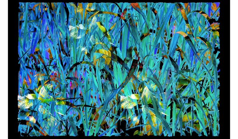 Jean Swanson's, Dancing Painting. A painting made of blue and green plants and leaves.