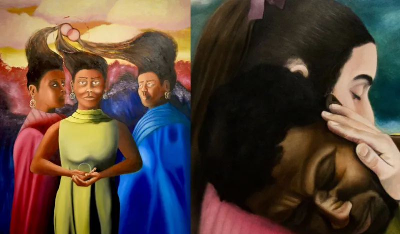two paintings side by side, created by guest artist, Nana Aforo