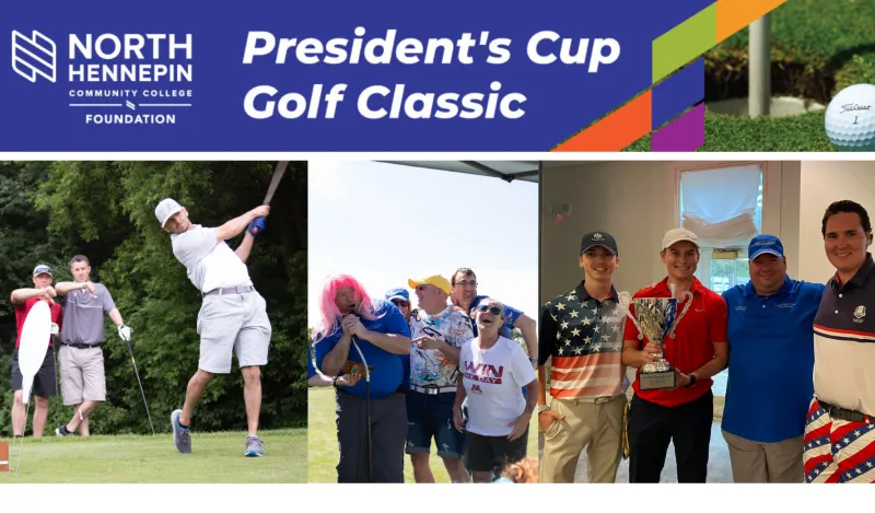 This is a decorative flyer that has golf photos and the NHCC Foundation logo on it. The text reads, President's Cup Golf Classic. 