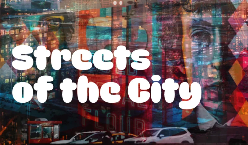 the words streets of the city on a busy background