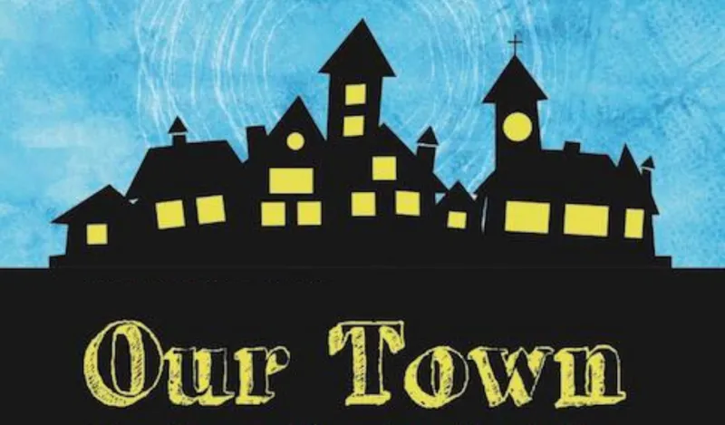 Illustration in silhouette of a small town set on a hill against a blue sky.