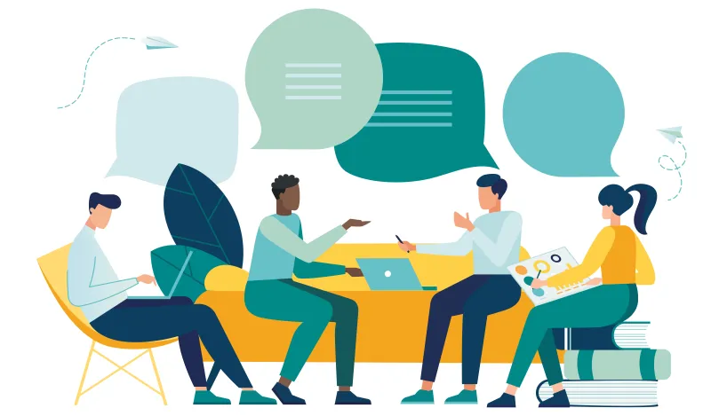 this is an illustration of a group of students sitting and studying together at a table. 