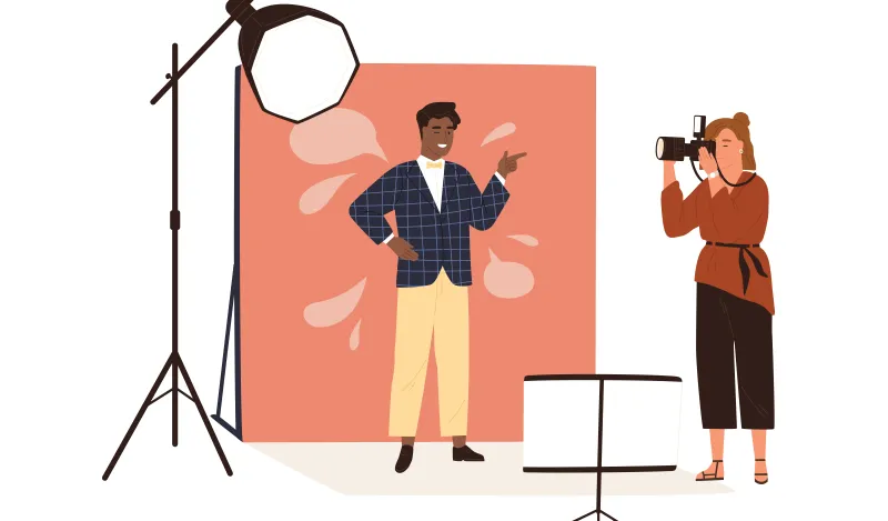 this is an illustrated graphic of someone getting a headshot photo taken. 