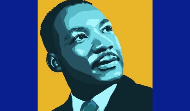 this is a popart colored photo of Dr. Martin Luther King Jr looking up to the right corner. His skin is light blue, the photo background is yellow and the border of the photo is NHCC blue. 