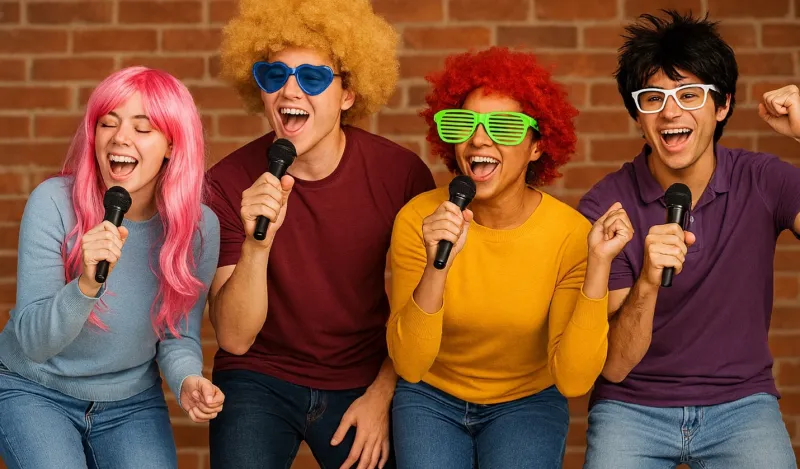 this is a stock photo of four people singing and wearing wigs, sunglasses and holding props. 