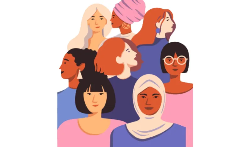 this is an illustration of women of many different backgrounds, facing in different directions, for the use of promoting our upcoming International Women's Day event in March. 