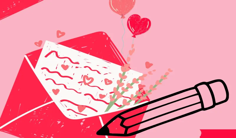this is a red and pink graphic of a letter with an envelope, hearts and a black pencil. 