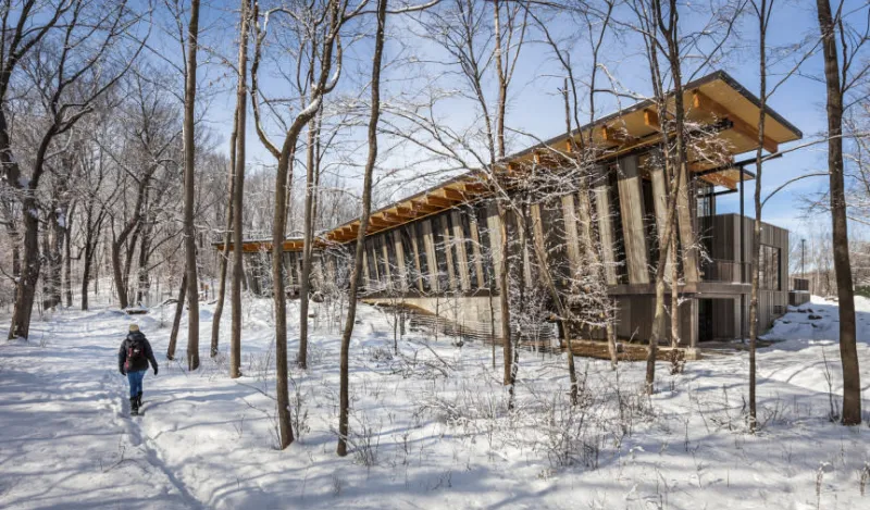 this is a photo of the Eastman Nature Center exterior taken during winter with snow on the ground. Photo credit from Minneapolis Northwest Tourism. 