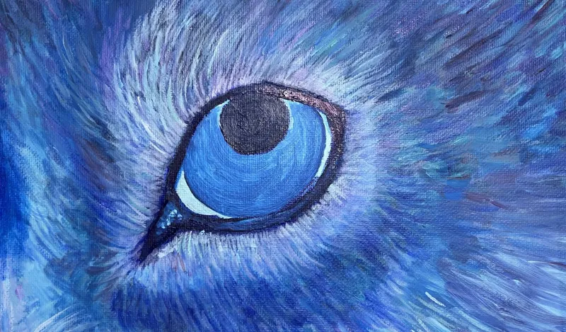 this is a blue and light purple painting of a wolf eye done by NHCC student, Katelyn Poncin. 