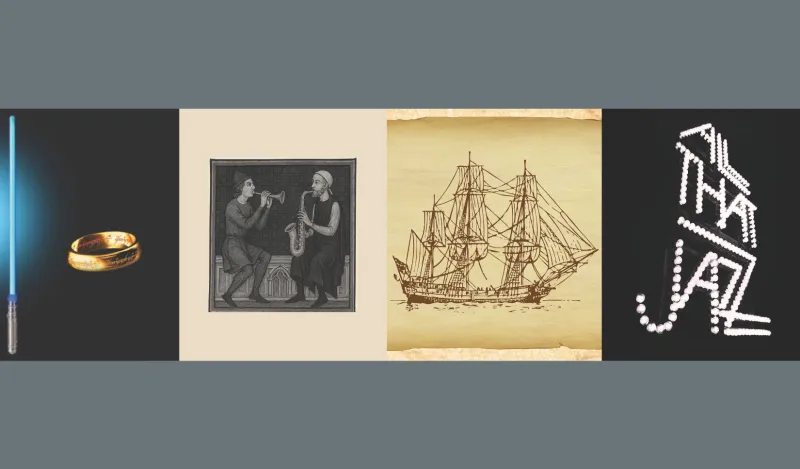 this is a collaborative design, promoting the four upcoming music concerts with their various themes. A lightsaber and fantasy, men playing a saxophone, an illustrated ship and the words, All That Jazz.