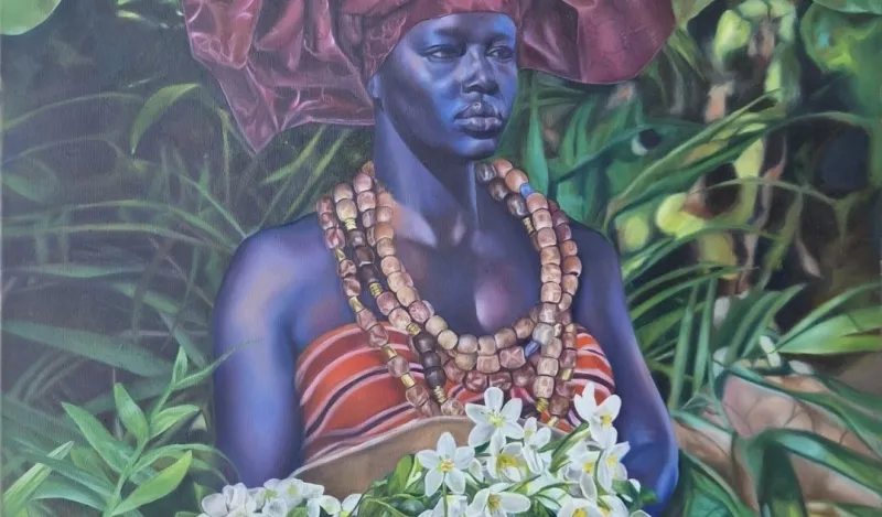 A colorful painting of a Black woman standing amid lush green tropical foliage. She wears a large burgundy headwrap, layered beaded necklaces, and a red-and-white striped dress. She holds a large bowl filled with white flowers, with additional flowers and greenery surrounding her.