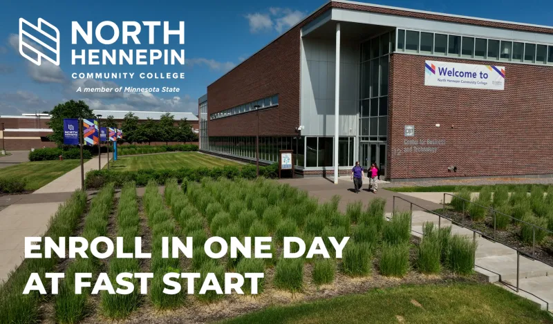 nhcc campus building and logo with the words enroll in one day at fast start