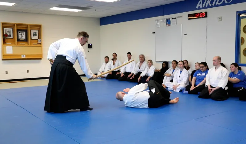 man holding wooden sword over another man on the ground 