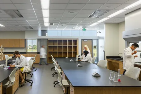 Several people working inside science lab