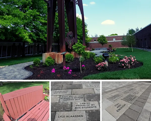 Garden scene with bench and paver stones